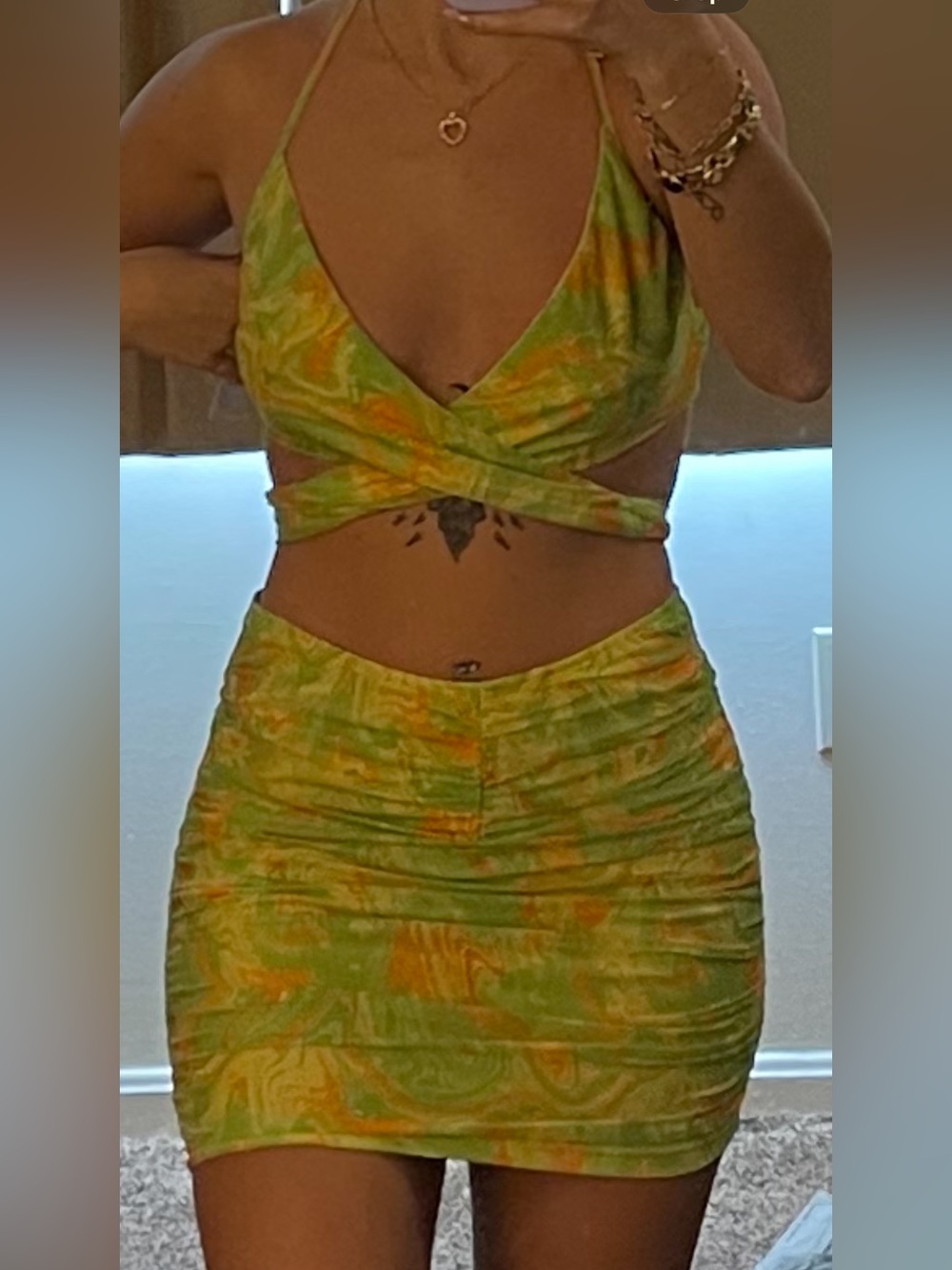SHEIN Green & Orange Marble-Print Ruched Mini Skirt and top